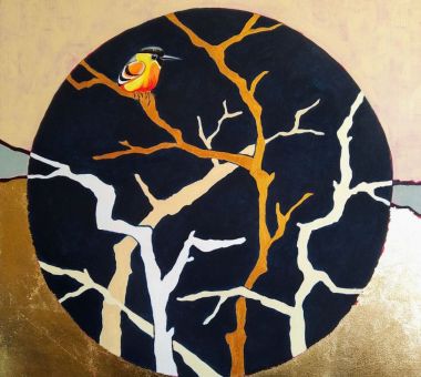 Mały-Ptaszek-obraz-akrylowy-na-płótnie-z-płatkami-do-złoceń-70x70cm-Julika-2020r.